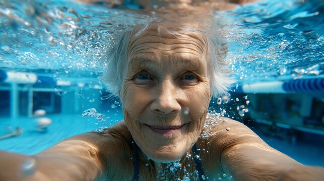 An elderly woman joyfully swimming underwater, capturing a moment of happiness and vitality. She embraces fitness and water activities, showcasing the beauty of aging gracefully.