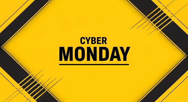 Cyber monday sale banner with bold text and graphic elements on a yellow background, representing online shopping and discounts