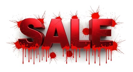 Bold red 3d text spelling sale with dripping blood effect, isolated on white background