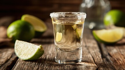 A pristine shot of tequila sits beside fresh lime wedges ready to be enjoyed at a cozy gathering.
