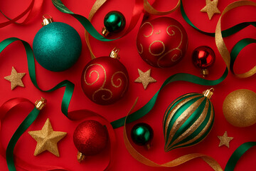 Festive Christmas background with red, green, and gold ornaments, stars, and ribbons on a vibrant red surface. Holiday celebration mood.