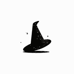 Fototapeta premium Black witch hat silhouette with subtle starry glitter texture and magical sparkles on a clean white background