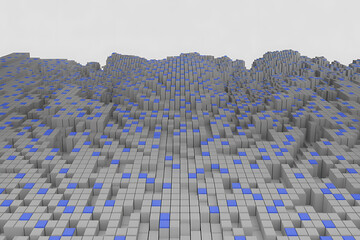 Fototapeta premium Abstract digital landscape with cubed terrain, featuring blue highlights and a dimensional, textured surface.