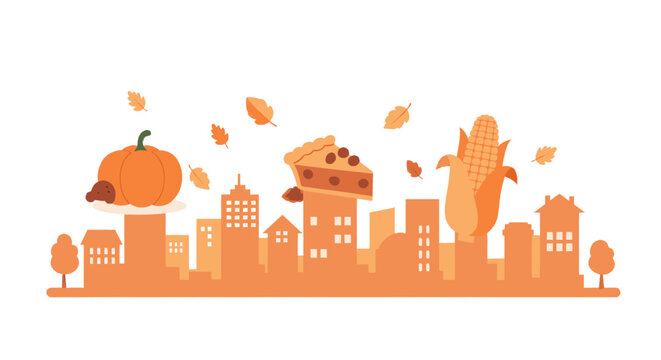 A whimsical cityscape silhouette adorned with Thanksgiving harvest elements like a pumpkin, a slice of pie, and corn, set against a backdrop of falling autumn leaves.