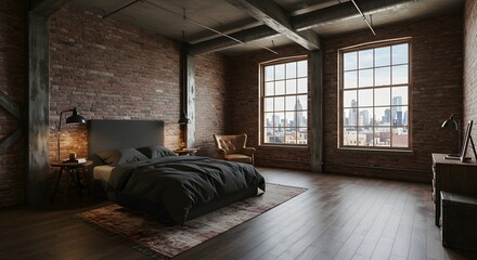 Industrial bedroom interior with city view
