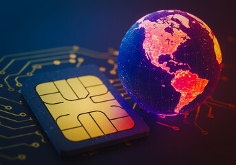 Graphic showing a large sim card next to a 3D miniature of a globe