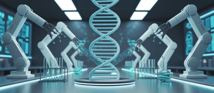 Large DNA double helix model surrounded by automated robotic arms in a modern biotechnology lab
