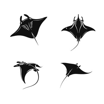 Manta Ray Silhouettes Set. Black Ocean Creature Vector Icons Collection. Giant Devil Fish Swimming Underwater Graphic.