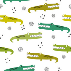 Fototapeta premium Cartoon crocodile pattern. Vector seamless background with alligators. Baby print