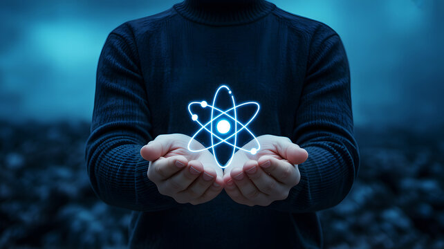 Man Holding Glowing Blue Atom Symbol Representing Nuclear Energy, Physics Innovation, and Scientific Power Technology Concept