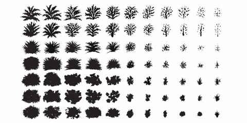 Collection of black silhouettes of various trees and bushes in different sizes and shapes