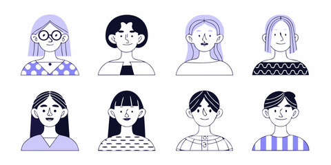 Collection of diverse stylized cartoon avatars representing people of different ages and genders with unique hairstyles and clothing