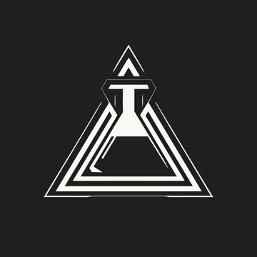 Abstract geometric triangle graphic with a stylized flask or beaker symbol on a dark background. Modern minimalist design, perfect for science, alchemy, or technology concepts.