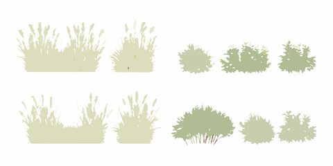 Collection of stylized grass and bush silhouettes in muted green and beige tones on a white background