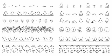 Collection of hand drawn black and white sketches of various trees bushes and rocks for design elements © Ankan