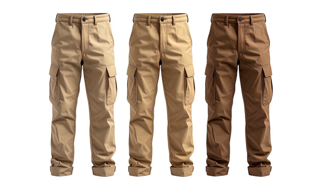 Three cargo pants in tan, khaki, and brown stand side-by-side