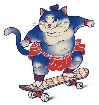 Anthropomorphic sumo cat riding a skateboard in a dynamic pose, illustrated in a modern ukiyo-e Japanese style combining traditional and contemporary elements.