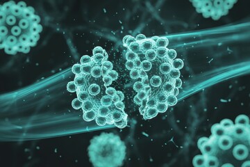 Virus particle splitting apart under microscopic observation, representing disease treatment and cellular destruction.
