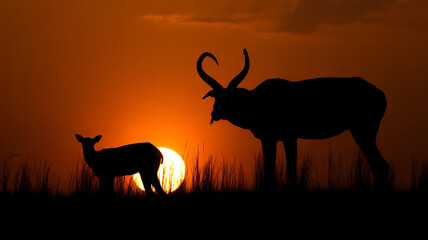 Silhouetted antelope and calf stand against a vibrant sunset, evoking wildness and familial connection.