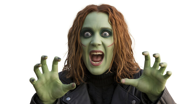 A spooky, green-skinned figure with wide eyes and outstretched hands conveys a frightening, otherworldly presence.