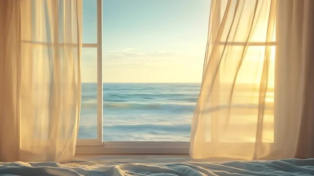 Window view of sea with sheer curtains blowing gently. Soft light and peaceful atmosphere