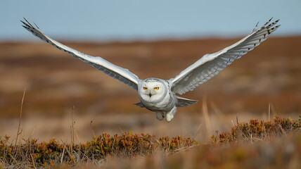 Obraz premium Majestic snowy owl soars through the sky, wings spread wide against a muted landscape.
