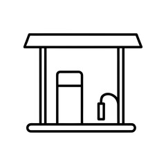 Outline drawing of a gas station with a pump and roof on transparent background