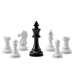 A black chess king stand out among white chess piece, A black chess king is visually striking among the white chess pieces on the chessboard, isolated on white or transparent background, PNG Format.