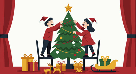 Festive Couple Decorating Christmas Tree with Decorations.