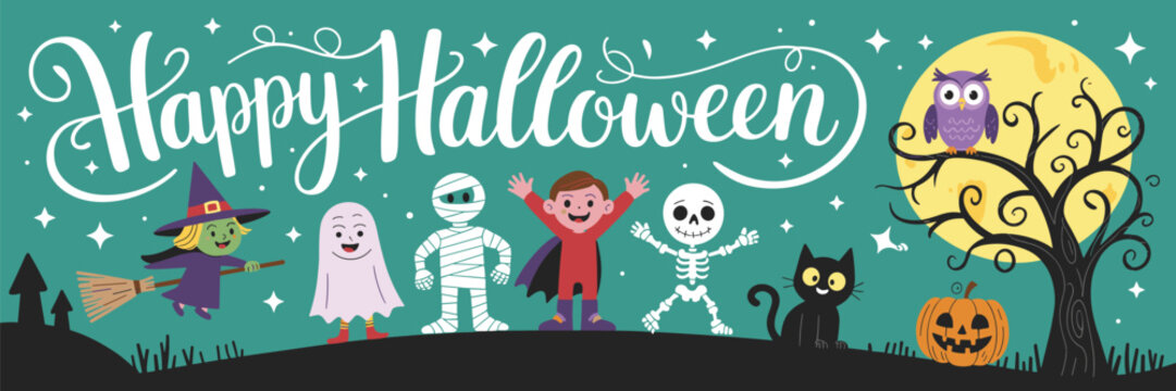 Happy Halloween text, cartoon witch, ghost, mummy, vampire, skeleton, spooky owl, black cat, pumpkin, festive seasonal illustration, playful design