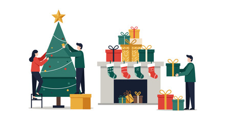 People Decorating Christmas Tree and Preparing Gifts.