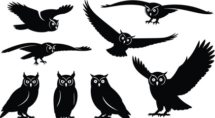 Halloween owl silhouettes, spooky flying owls, perched nocturnal birds, eerie black shapes, creepy seasonal illustration, festive horror design, mysterious night creatures