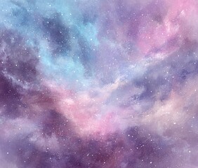 Abstract watercolor depiction of a dreamy cosmos with swirling blues, purples, and pinks, speckled with stars