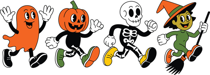 Halloween costume parade, cartoon ghost, pumpkin head, skeleton character, green witch with broom, festive autumn illustration, spooky seasonal children design