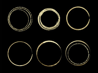 Set of elegant golden circles on black background. Luxury metallic round frames for modern design, abstract art, invitations, and decoration templates. Vector