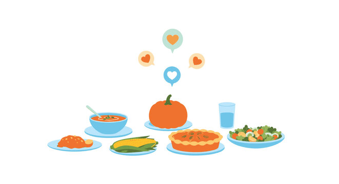 Thanksgiving feast illustration featuring pumpkin, pie, soup, salad, and other dishes.