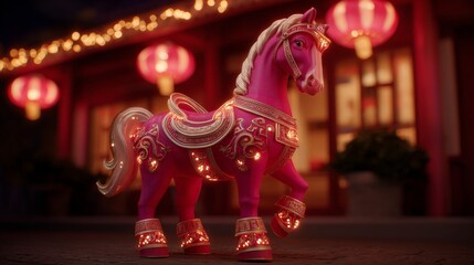 Fototapeta premium Ornate pink carousel horse with lanterns and intricate gold details at night