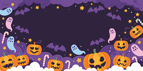 Halloween pumpkins, playful ghosts, flying bats, festive candy canes, spooky stars, purple night background, cartoon seasonal illustration, whimsical holiday design