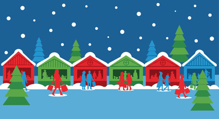 Festive Christmas Market Scene with Shoppers and Stalls.