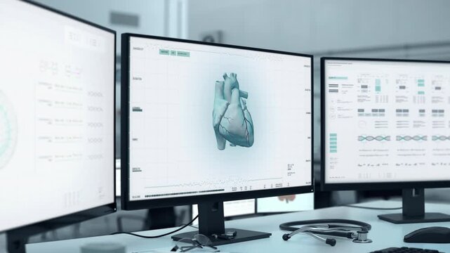 Cardiac Ischemia Diagnosis Scanned By High Tech Healthcare Clinic Laboratory Computer. Heart Disease Diagnosis With Scanner In Laboratory. Microbiology Scan For Illness Diagnosis. Medical Laboratory