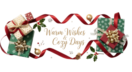 Warm wishes and cozy days with gift boxes and ribbon isolated on a transparent background