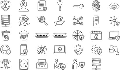 Cybersecurity and Data Protection Line Art Icons Set - Digital Security, Privacy, and Data Management Vector Symbols