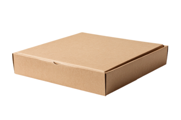 A closed, square cardboard box, with a slightly open lid, isolated against a black background