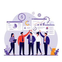 A diverse team celebrates success with high-fives, data and charts displayed.