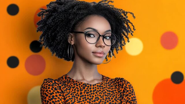 Confident young woman with captivating gaze and elegant spectacles against cheerful, abstract backdrop