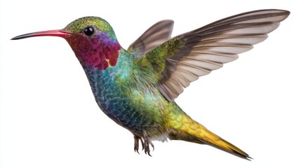 Obraz premium A vibrant hummingbird dances in the air showcasing its bright feathers near blooming flowers.