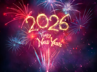 2026 Happy New Year Celebration With Red And Blue Firework In Eve Night