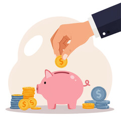Hand placing a coin into a pink piggy bank with stacks of coins around it, illustrating savings.