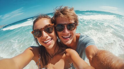 Obraz premium Pair of happy friends capture a fun moment in the sunshine at the beach near ocean waves.