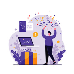 A man celebrates success with confetti, surrounded by business elements and a gift.